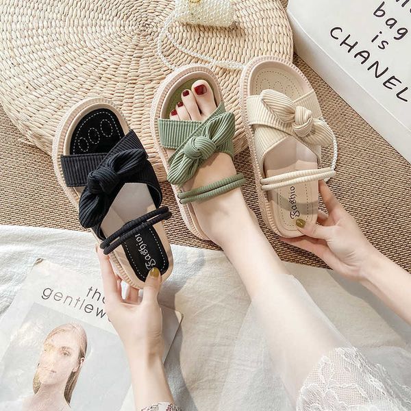 Sommerschuhe Frau Bogen Süße Hausschuhe Flache Sandalias Mujer Dünne Streifen Gladiator Strand Sandalen Damen Flip Flops Folien 40 210611