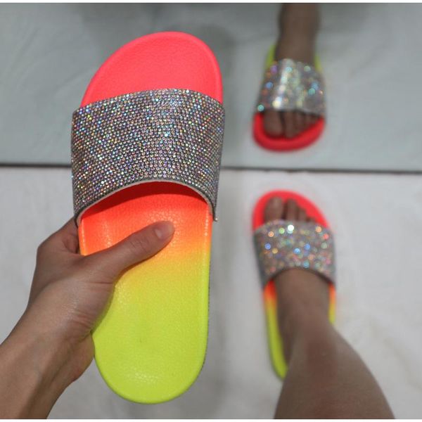 

slippers summer glitter flat women shoes ladies colorful rhinestore platform casual beach fashion non slip comfort female 2021, Black