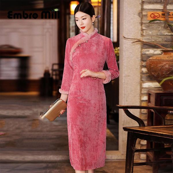 

casual dresses autumn and winter cheongsam style young high-end elegant chinese retro slim artificial fur collar dress s-xxl, Black;gray