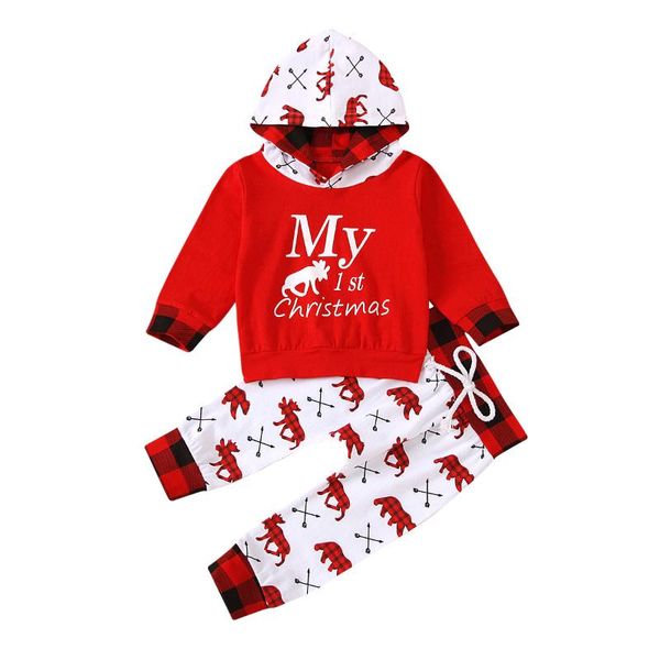 

clothing sets 2021 xmas 0-24m infant baby boy girl my 1st christmas letter print long sleeve hooded sweatshirt+deer plaid pants, White