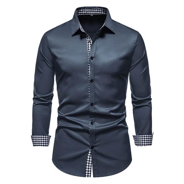 

men's casual shirts men stitching plaid shirt solid long-sleeved lapel fit for autumn winter turn-down collar mens clothing male, White;black