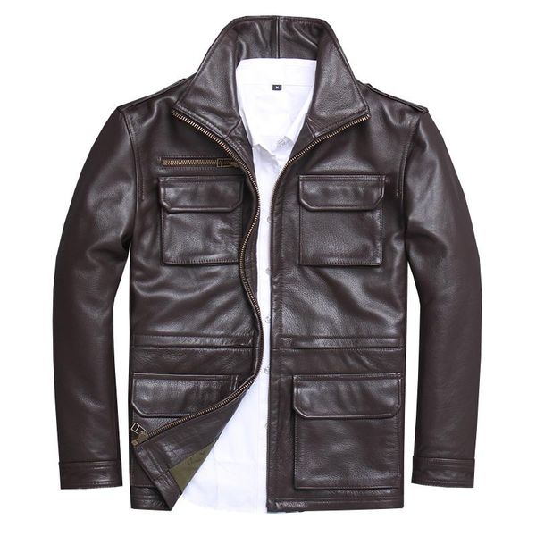 

men's leather & faux 2021 brown men smart casual jacket four pockets plus size xxxxl genuine cowhide russian autumn m65 coat, Black
