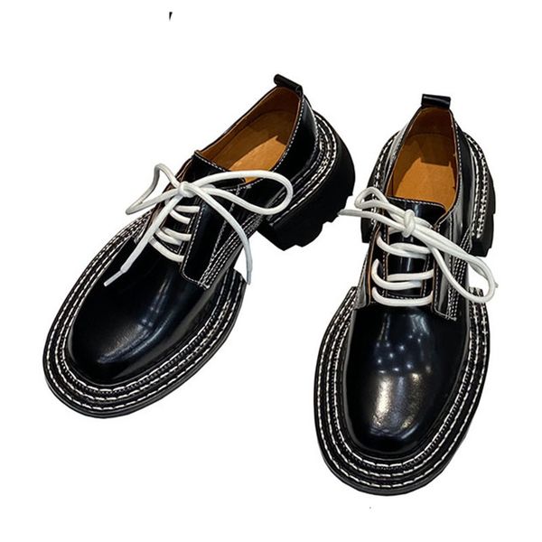 

sandals british style platform cusual shoes female genuine leather thick bottom round toe lace up flat shoes zapatos mujer runway, Black