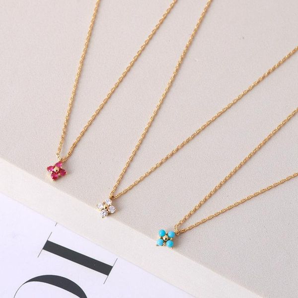 

pendant necklaces simple small four petal flower shape inlaid sparkling mini necklace clavicle chain cross, Silver
