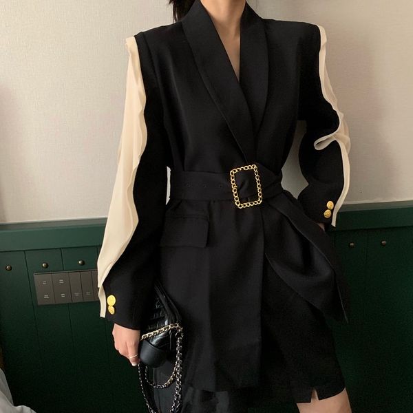 

2021 elegant jackets women's outerwear blazer patchwork sleeve tunic with belt waisted autumn long blazers female fashion clothing, Black;brown