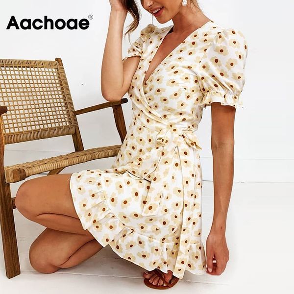 

Floral Print A Line Dress Summer V Neck Butterfly Short Sleeve Mini Dresses For Women Bandage Ruffles Casual Dress Robe, Black;white
