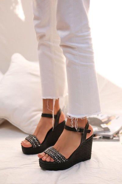 

sandals women black cubic zirconia and mesh embroidered platform heels