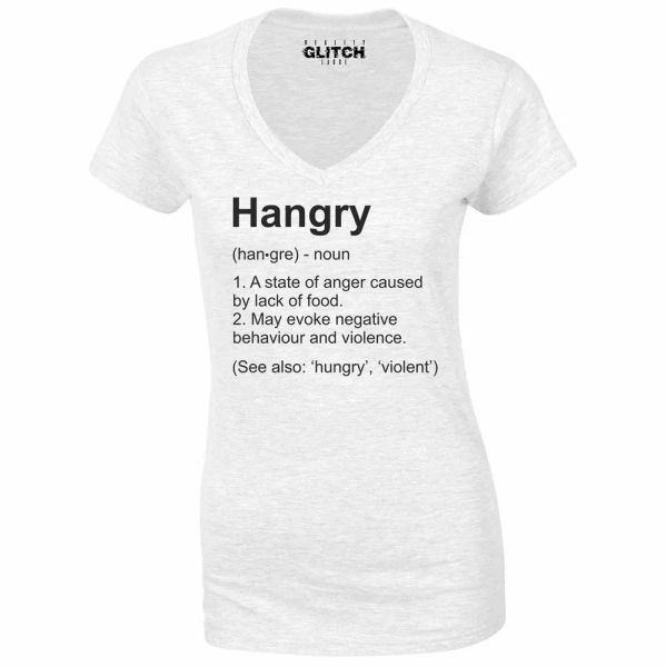 

hangry definition v-neck women's t-shirt food angry anger funny hunger, White;black