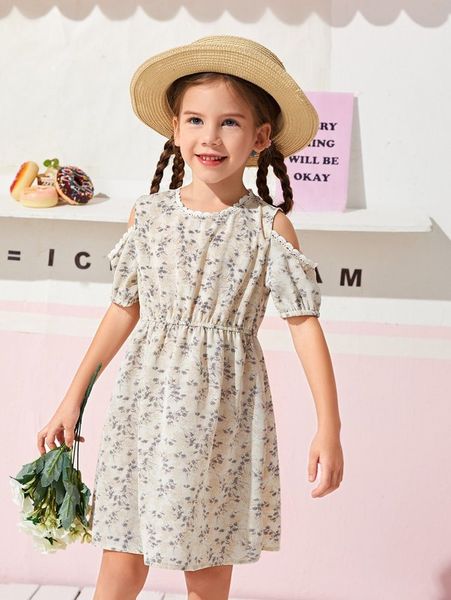 

toddler girls floral cold shoulder guipure lace dress she, Red;yellow