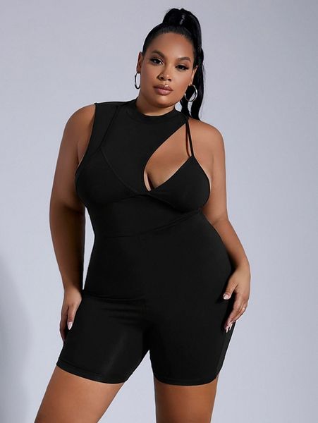 

sxy plus cut out detail unitard romper 4189#, Black