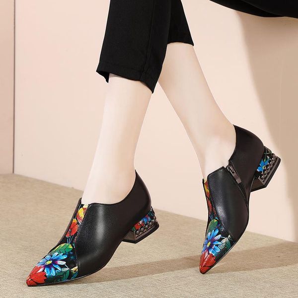 

dress shoes genuine leather pointed toe mixed colors women brand heels office ladies, Black