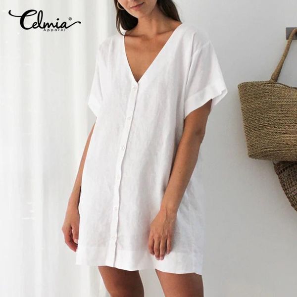 

party dresses 2021 celmia vintage shirt dress summer women fashion short sleeve v-neck botton solid casual mini sundress robe, White;black