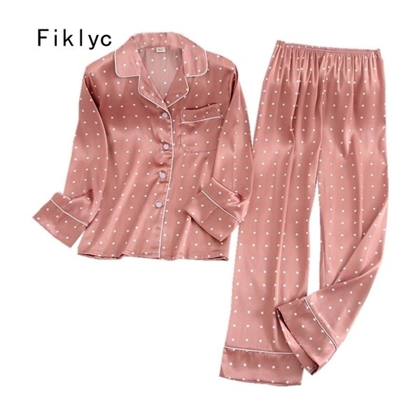 

fiklyc underwear spring / autumn long sleeve & pants women's turn-down satin pajamas sets pizama damska night suits huispak 210330, Black;red