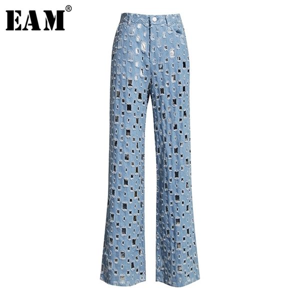

[eam] wide leg blue denim hollow out long jeans high waist loose women trousers fashion spring autumn 1k434 210708
