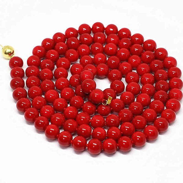 perle rotonde di corallo rosso artificiale 8mm 10mm 12mm belle donne collana abiti da festa catena lunga gioielli 36 pollici B1488