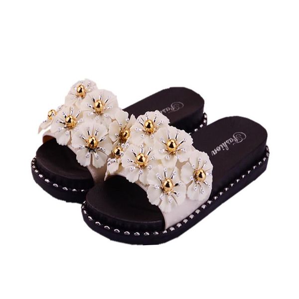 

slippers 2021 summer korean fashion flat bottom ladies flowers indoor muffins thick diamonds wearing beach, Black