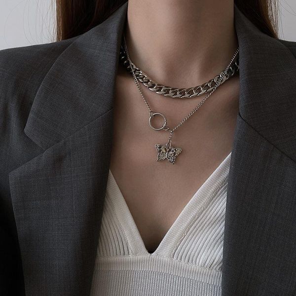 

pendant necklaces u-magical exaggerated double layer butterfly necklace for women circle geometric metal chunky chain jewellery, Silver