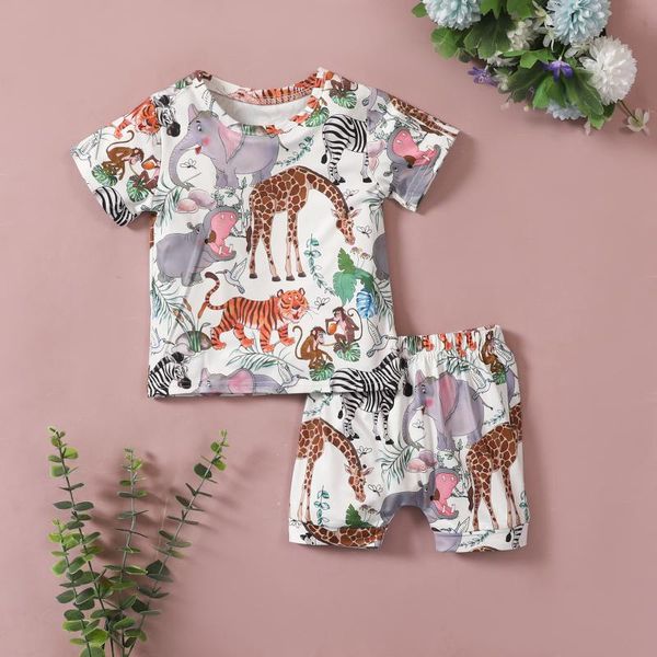 

clothing sets 2 pieces baby kid suit set cartoon animal print o-neck t-shirt shorts sleeve pullover girl boy, White