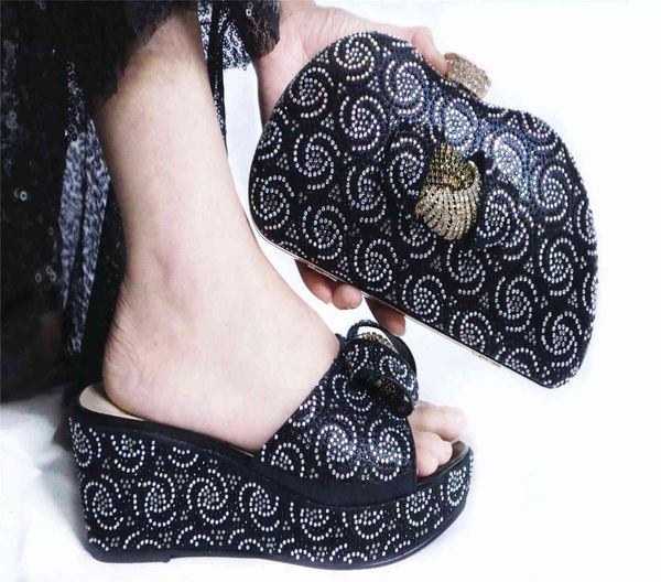 

handbag with wedge heel shoelaces, rhinestone slippers bag, casual shoes wedding party dinner, Black