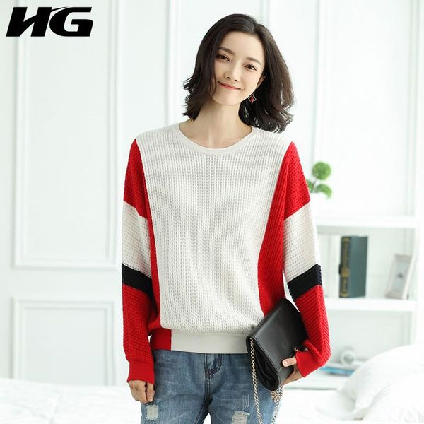 

women's sweaters [hg] contrast pullover female sweater korea version 2021 spring o-neck full sleeve loose patchwork casual wbb2102, White;black