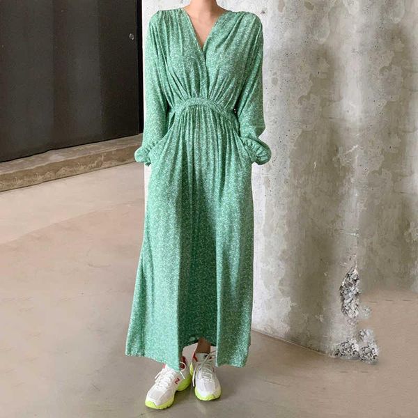 

casual dresses 2021 loose floral print dress for women high waist cross double pocket female plus size, Black;gray