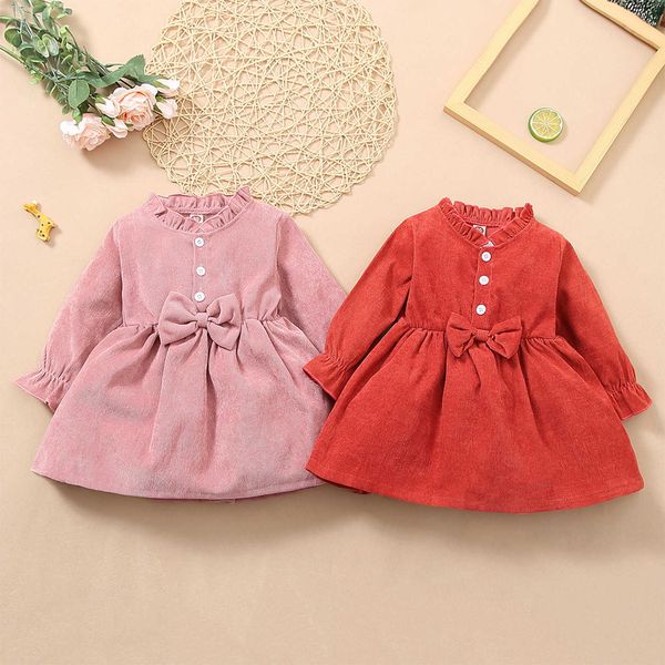 

little girl casual long sleeve dress fashion solid color corduroy button a line dress new girl fashion suit wick cage dresses g1026, Red;yellow