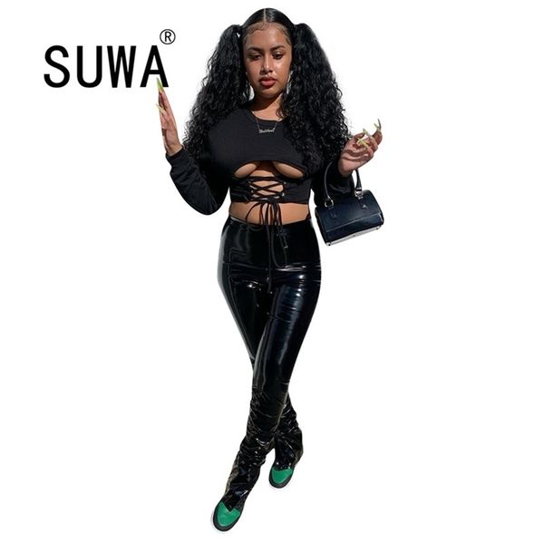 

moto biker two piece sets women autumn winter cross lace up long sleeve crop + pu leather pants trousers club outfits 210525, White