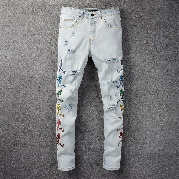 

21ss tide men skinny mens jeans stylish small feet jean for men novelty hip hop street wear badge zipper denim biker pants, Blue