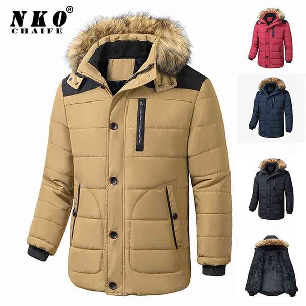 

men parkas winter thick fleece warm jacket parkas coat men autumn windproof fur collar hooded casual parkas jacket men 210916, Black