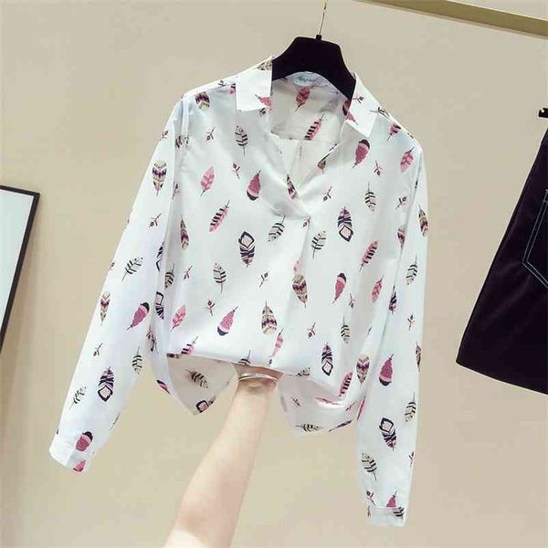 

autumn women's v neck long sleeves print chiffon shirt office ladies female all-match shirts ol blouse a3712 210519, White