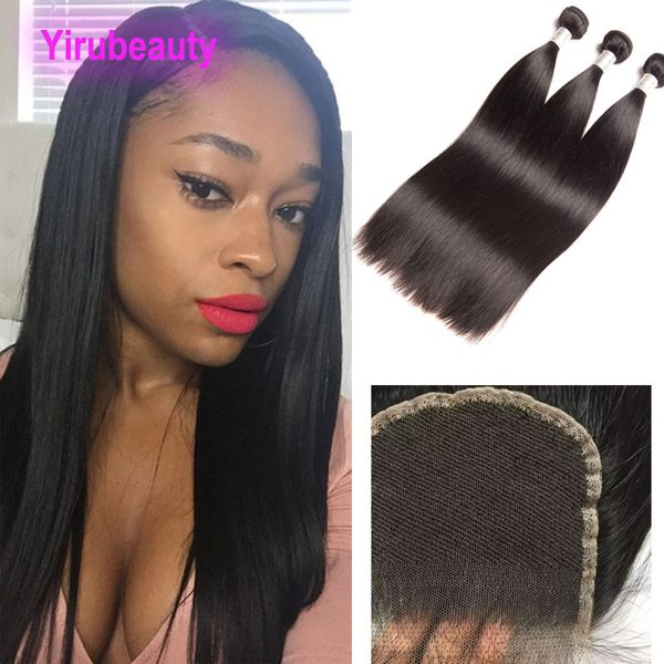 

peruivan human virgin hair 3 bundles with 4x4 lace closure hd silky straight 4pcs yirubeauty natural color, Black;brown