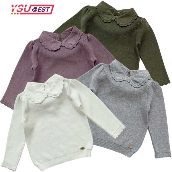 Baby Mädchen Pullover Herbst Kleinkinder Kinder Gestrickte Pullover Tops Koreanische Stil Reine Farbe Peter-pan Kragen Pullover 211104