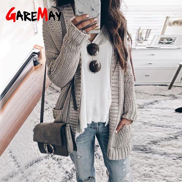 Plus Size Cardigans Mulheres Knitwear Sweater Feminino Outono Inverno Grosso Quente Casual Cinza Casaco Preto De Malha Casaco Senhoras 210428