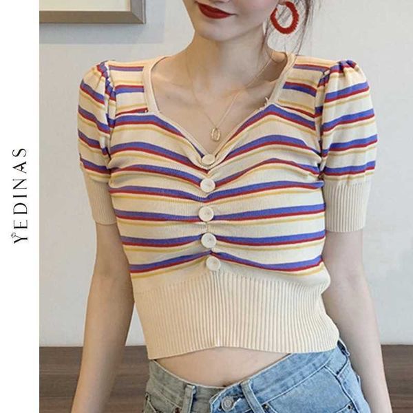 

yedinas summer t shirt women knitted short sleeves tee femme high elasticity slim crop t-shirt 6 colors 210527, White