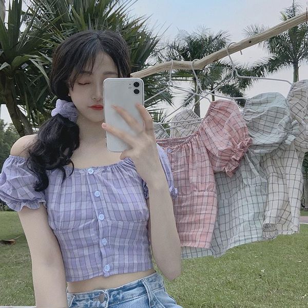 

colors women's simple square collar short sleeve plaid print buttons basic blouse 7 blouses & shirts, White