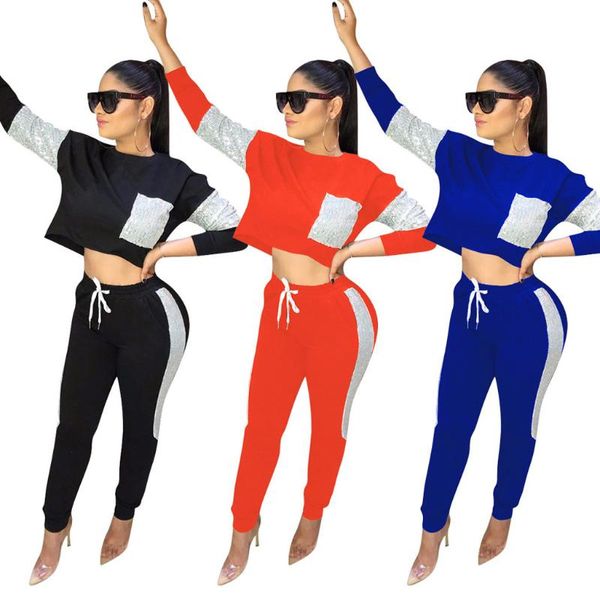 

two piece dress fashion sets womens sequin long sleeve and pants stitching color casual sports set leisure comfortable motion elasticity per, White