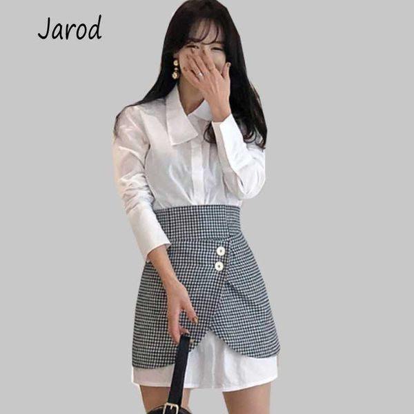 

women white long shirts two piece sets sleeve blouse + mini plaid skirts suits autumn fashion ol clothing set 210526