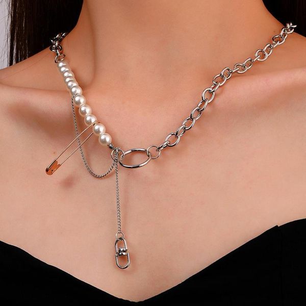 

pendant necklaces hip hop pearl choker necklace punk pin chain stitching for women jewelry & pendants colar kolye gift, Silver