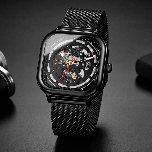 

wristwatches nesun stainless steel men's watch fashion automatic mechanical business hollow luminous sports clock 2021, Slivery;brown
