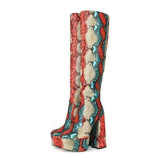 

boots women knee high chunky serpentine platform flared heel shoes, Black