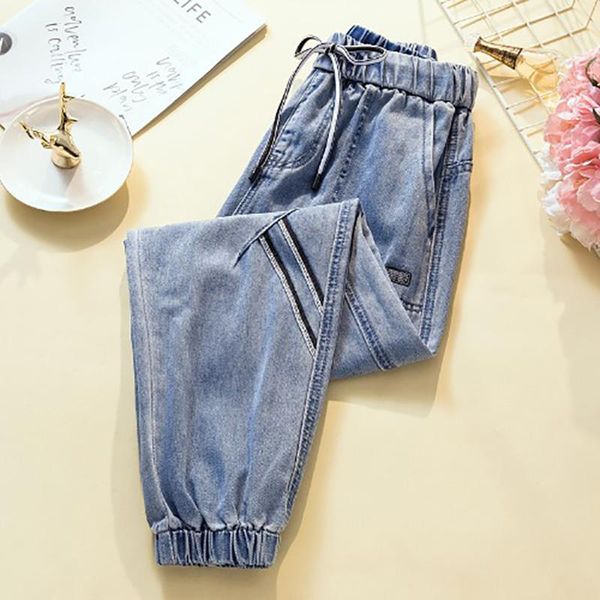 

women's jeans 3080 streetwear women oversized summer high waist drawstring loose fashion simple patchwork korean washed ladies pants, Blue