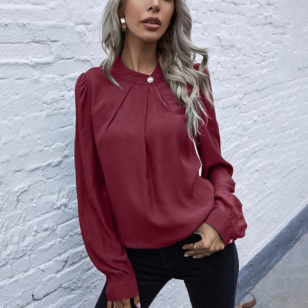 

black red green ruched shirt women 2021 full sleeve o neck with button ladies spring autumn elegant vintage and blouses women's & shir, White