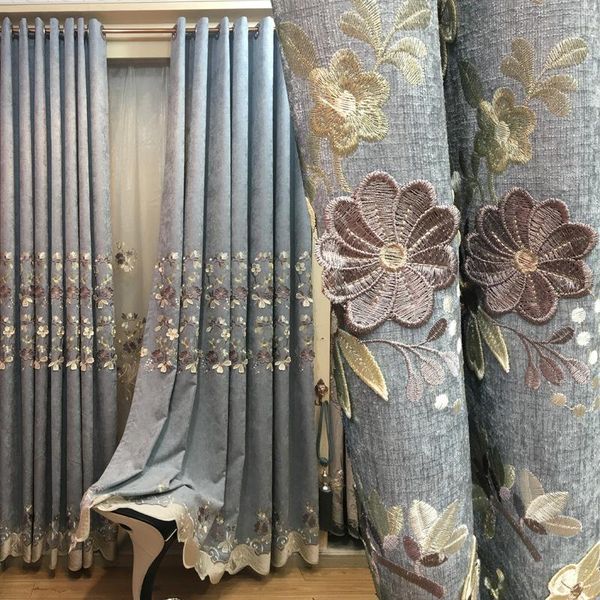 

curtain & drapes european blue and gray blackout curtains chenille flower embossed for living room bedroom study tulle custom