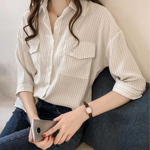 

women's blouses & shirts fashion women striped half sleeve lapel neck casual blouse female pocket nlmq, White