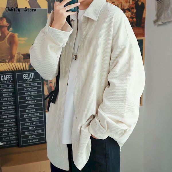 

men's casual shirts 2021 men women corduroy blouse korean trend handsome long-sleeved shirt spring autumn jacket japanese all-match clo, White;black