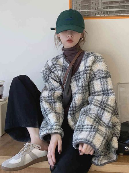 

women's fur & faux plus female size autumn and winter korean version of the retro loose around neck plaid warm fleece coat psko, Black