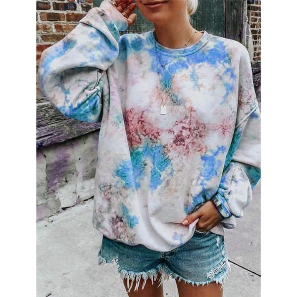 

women's hoodies & sweatshirts 2021 autumn and winter casual round neck tie-dye printing long-sleeved shirt fashion street loose pullove, Black