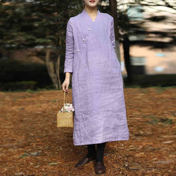 

johnature women chinese style dresses purple button v-neck robes a-line spring ramie female clothes vintage dress 210521, Black;gray