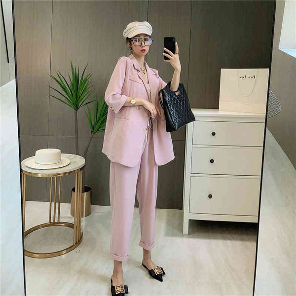 

fashion women's ol style back split blazers jacket elastic pants two pieces set vintage single breasted casual sets loose suits 210510, White;black