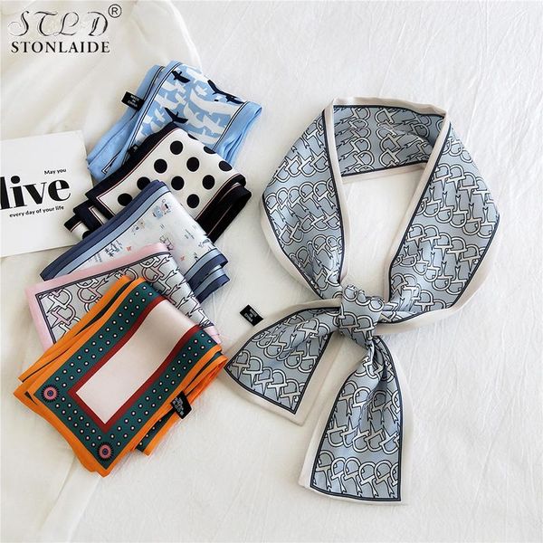 

scarves 2021euro novelty double printing small long satin silk scarf for women fashion headbands ladies neckerchief 9x96cm magic, Blue;gray